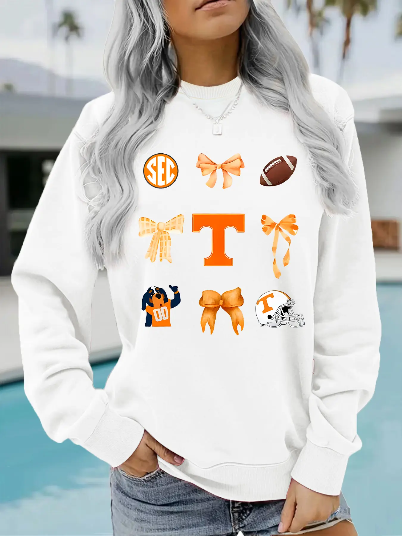 Women's Casual Go Vols Bowknot Graphic Rugby Football Pattern Fitted Pullover, Soft Long Sleeve Round Neck Sweatshirt, Womenswear, Everyday All-Season Wear