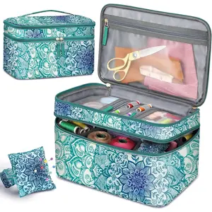 Sewing Accessories Storage Organizer Case, Double-Layer Sewing Kits Carrying Bag with Wrist Pin Cushion for Threads, Needles, Embroidery Floss Supplies, Felting Kits (Emerald Illusions)