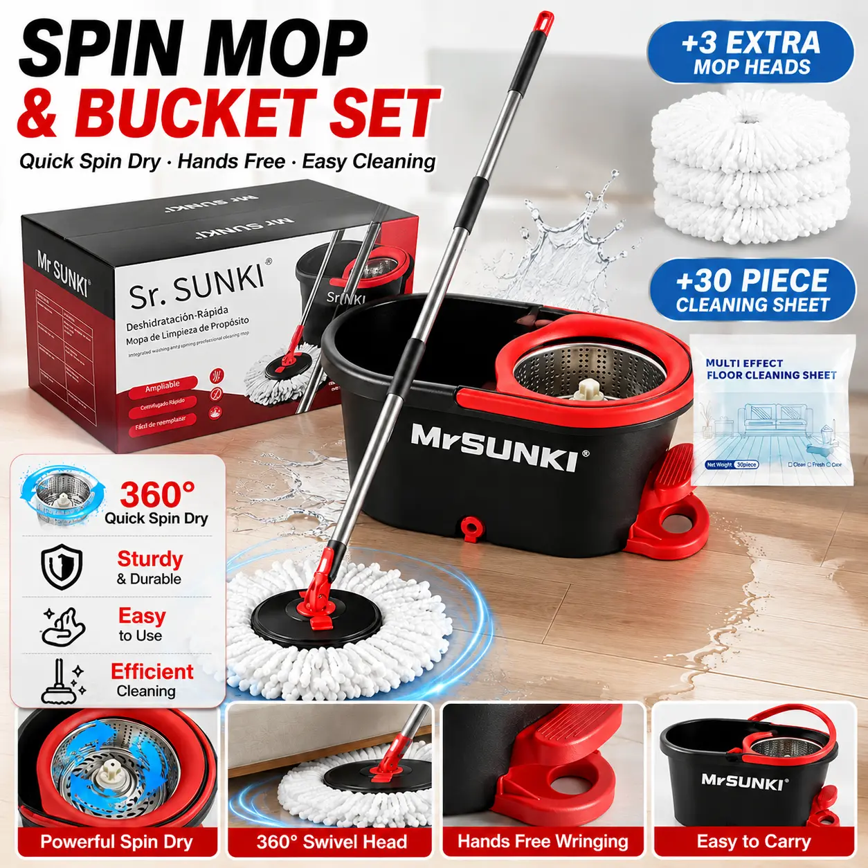 Hands-Free Spin Mop & Bucket Set: 5L StainlessSteel System with 60" No-Bend Handle, 3 Mop Refills & 30Cleaning Sheets