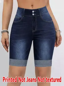 Women's Printed Skinny Pants, Slim, Fit, Non-Denim Fabric, Five-Pocket Graffiti Print Shorts, Imitation Denim Print, Four-Season Wearable Bottoms