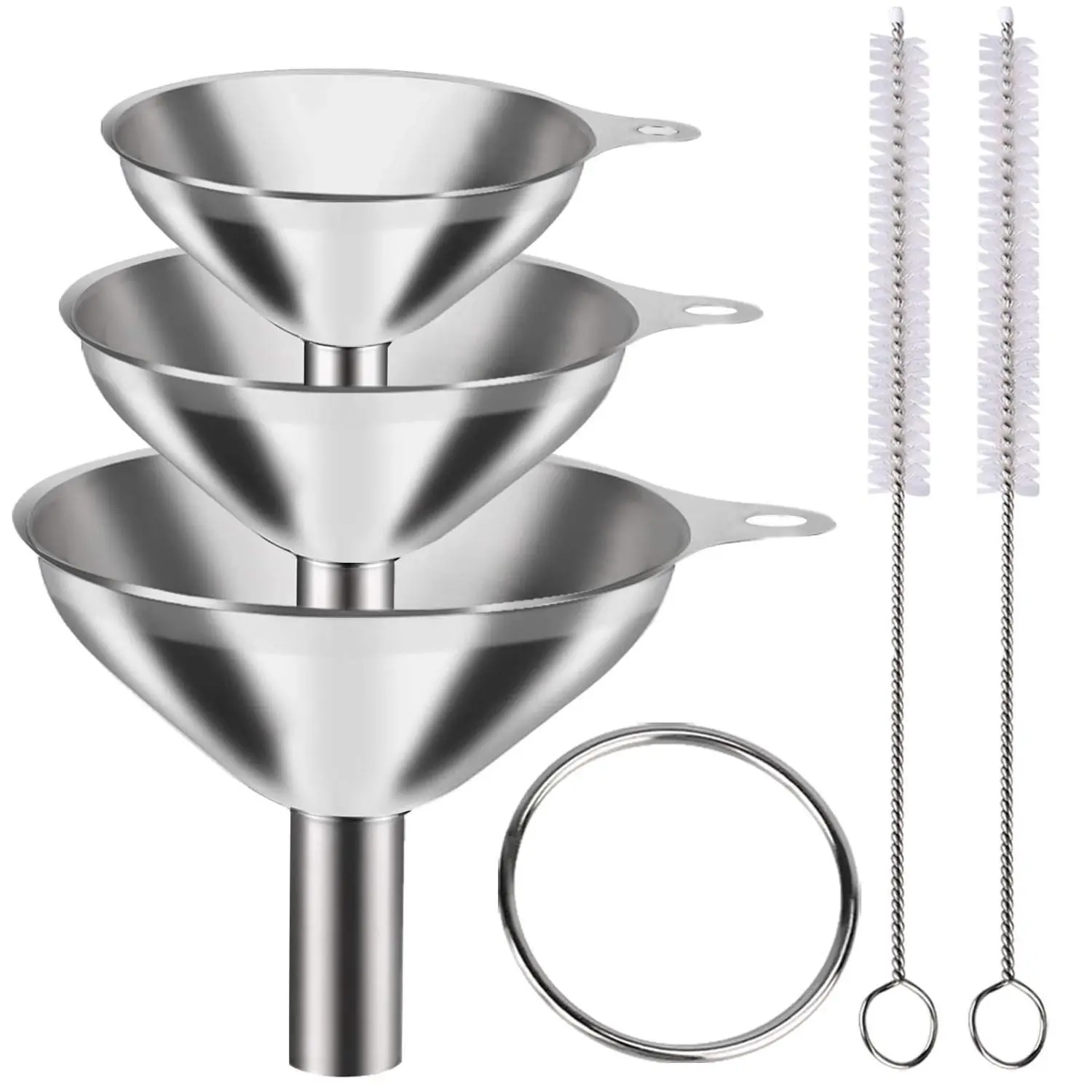 Stainless Steel Funnel, Large Medium Small Funnel Set of 3, Food Grade Mini Funnels for Kitchen Use Filling Bottles Flask Cooking, 2 Brushes YLYL