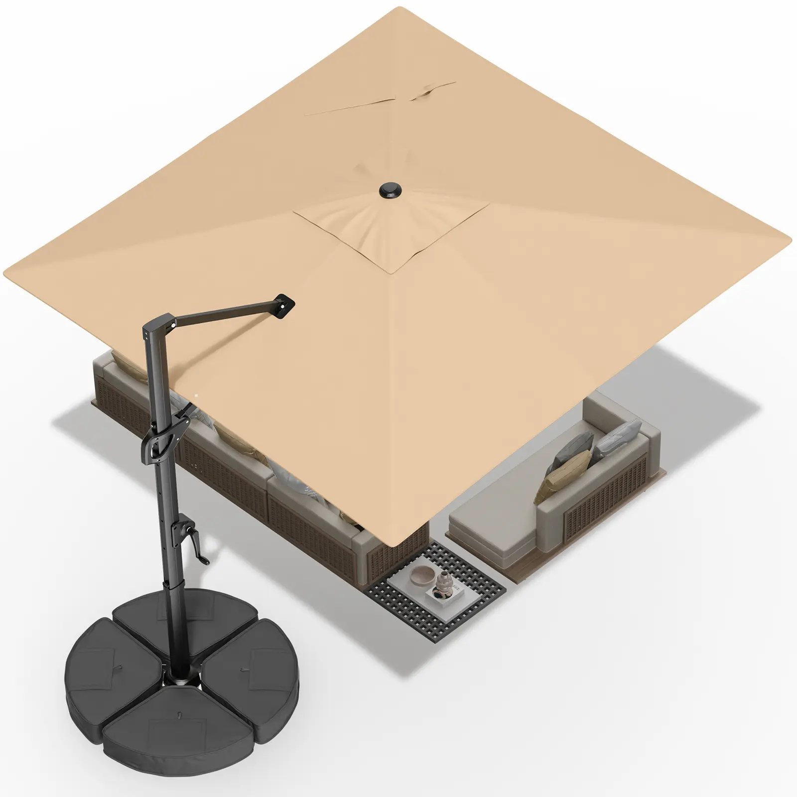 10'x10' Square Cantilever Patio Umbrella, Offset Umbrella with 260lbs Sandbase, 360° Rotation & 6 Angle Tilt Crank System, UPF 50+ Water Repellent 220gsm Fabric, Heavy Duty 8-Rib Aluminum Frame for Backyard Pool Garden, summergarden, umbrellas for patio s