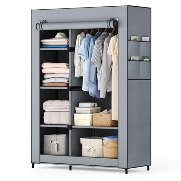 Heavy Duty Portable Wardrobe Closet, Freestanding Garment Rack with Non-Woven Cover, Clothes Organizer for Bedroom with 4 Small & 1 Large Shelves, Dust-Proof Storage Rack for Apartments, Dorms, 40.7"