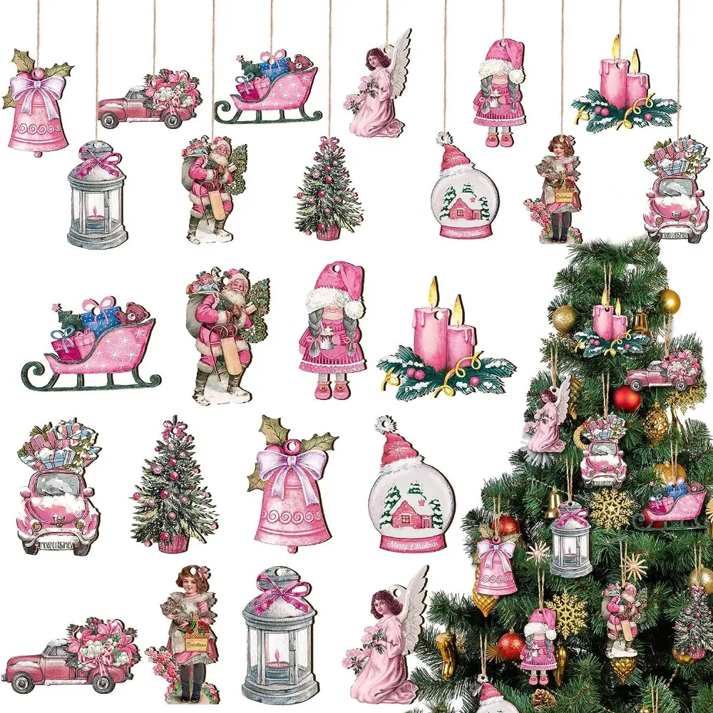 Vintage Pink Christmas Decorations, Wooden Ornaments Set, Virgin Mary & Santa Design, Perfect for Holiday Season, Home Decoration Essentials