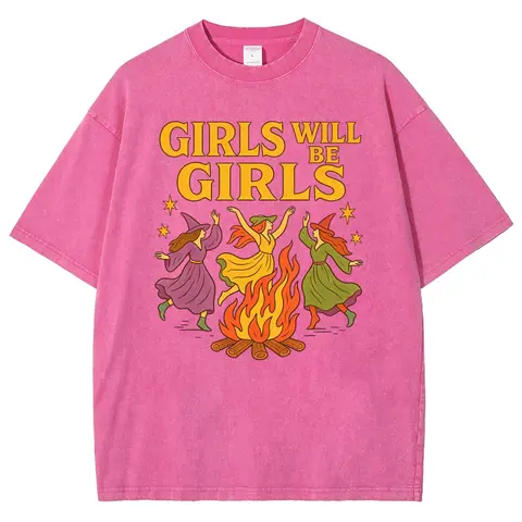Men's Retro Dancing Witch Bonfire T-Shirt - Washed Oversized Short-Sleeve Cotton Casual Tee, Chic Cold Wash Halloween Spooky Season Funny Shirt (S,3XL,4XL)