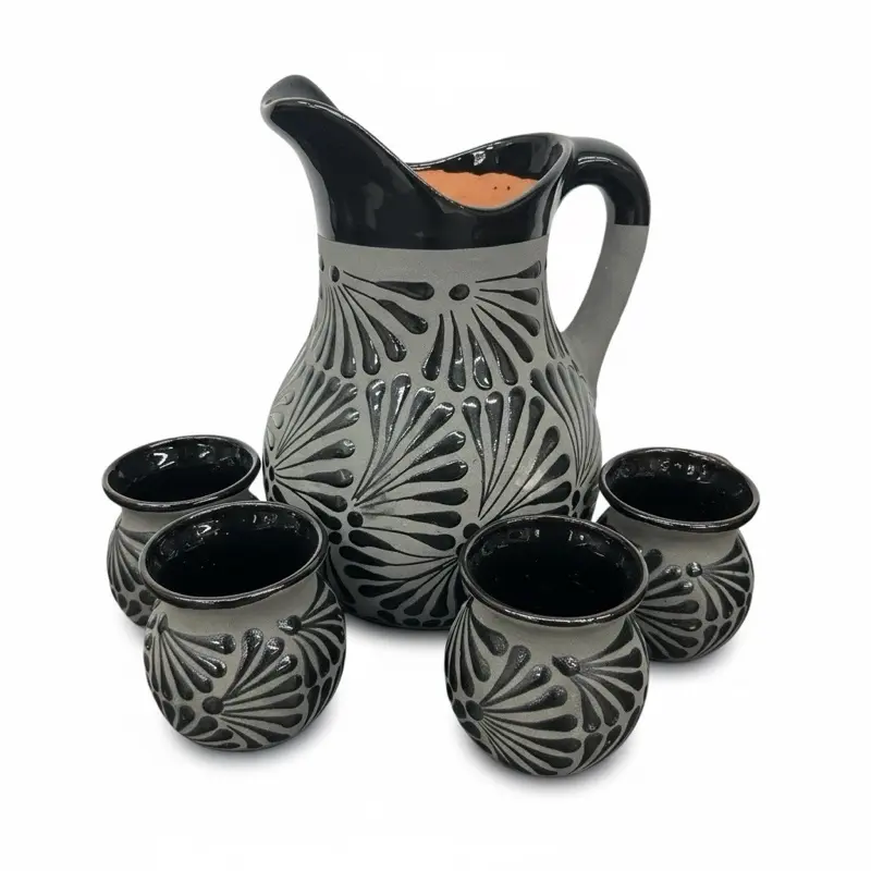 Handcrafted Black Clay Pitcher with 4 Mugs Set - Juego De Barro 6 Jarritos Collecion – Mexican Pottery Water & Juice Jug with Floral Design