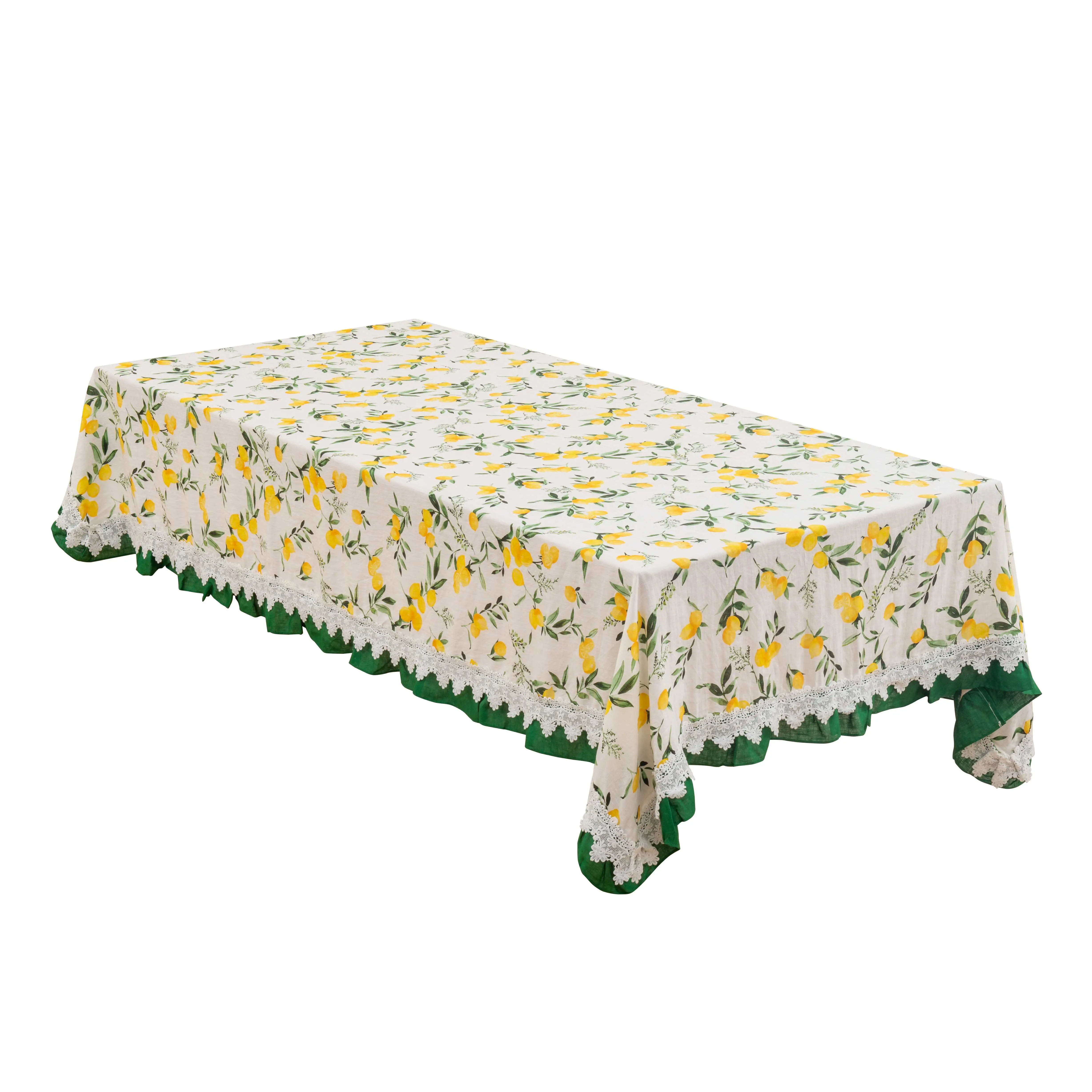 LEMON 100% Linen Printed Tablecloth with Lace Trim