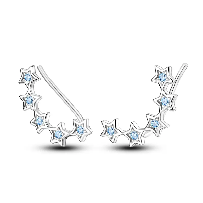 Star Climber Earrings in 925 Sterling Silver with Blue CZ, Lightweight Starry Crawler Jewelry for Women, Ideal for Summer & 4th of July, 5-Star Ear Climber Design, Beach, Active Summer Days, Birthday, Pool Parties, Casual