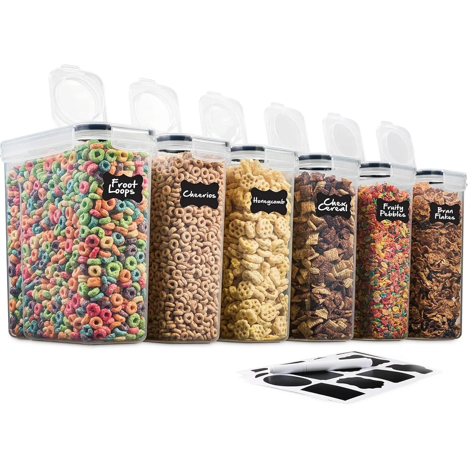 6-Pack Airtight Seal Cereal Food Storage Containers with Lids - BPA-Free Stackable Plastic Kitchen Pantry Organization Canisters (135.5 Oz) w/ Labels & Chalk Marker for Dry Pet Food, Flour, Rice, Lid, Rectangular