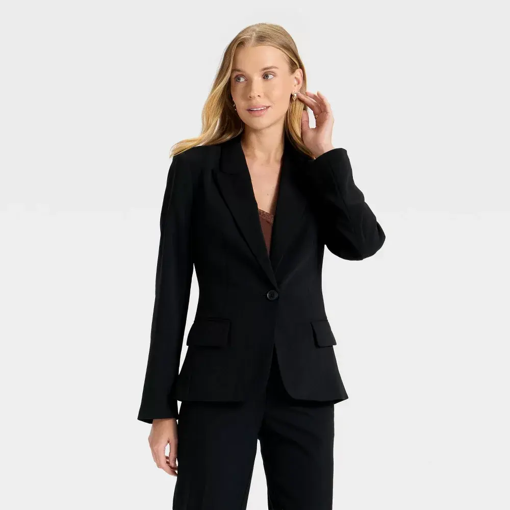 Women's Signature Crepe Fitted Blazer - A New Day, Polyester Fabric Garment, Basic Style with Pocket Women's Signature Crepe Fitted Blazer - A New Day, Polyester Fabric Garment, Basic Style with Pocket