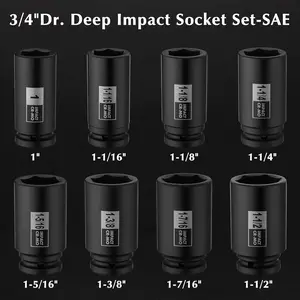 3/4" Drive Deep Impact Socket Set, 8-Piece Spindle Axle Nut Sockets, CR-MO, 6 Point, SAE, 1 Inch - 1-1/2 Inch