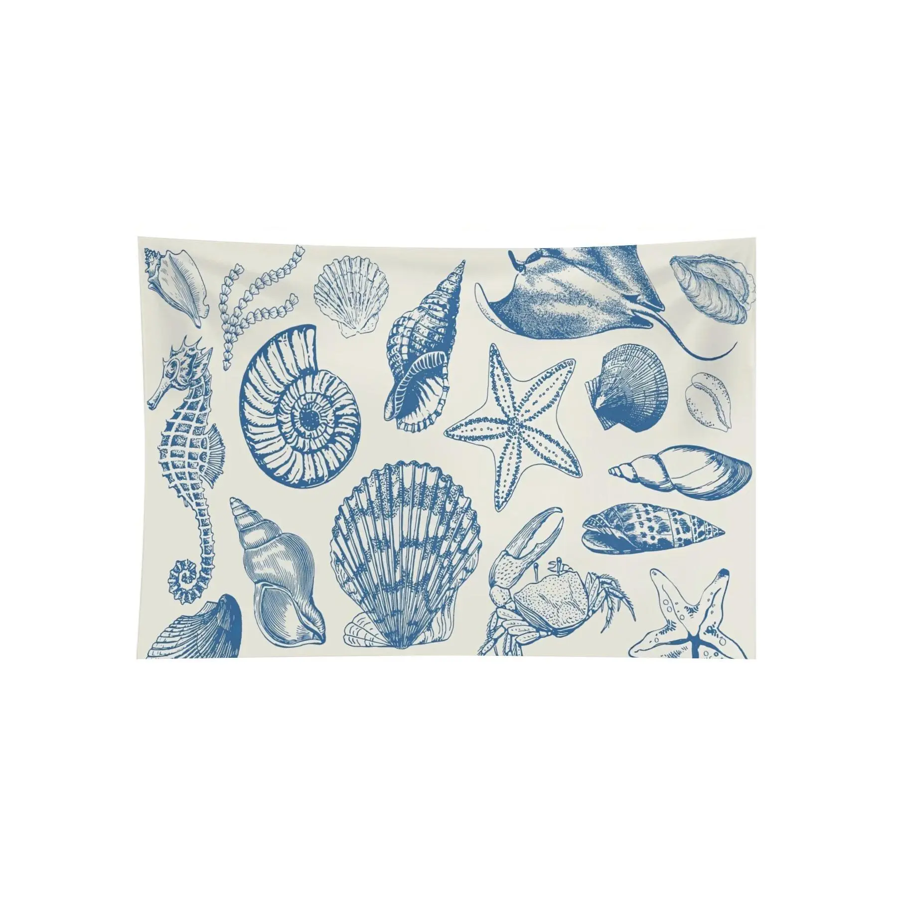Vintage Seashell Seahorse Starfish Ocean Wall Tapestry, Blue Coastal Marine Life Beach House Bedroom Decor