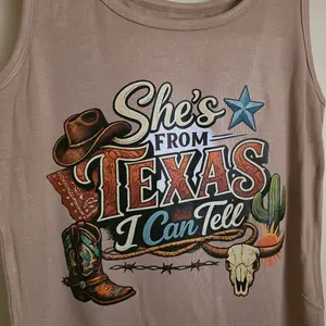 She's From Texas I Can Tell Tank Top with Cowboy Hat, Cactus, and Skull Design