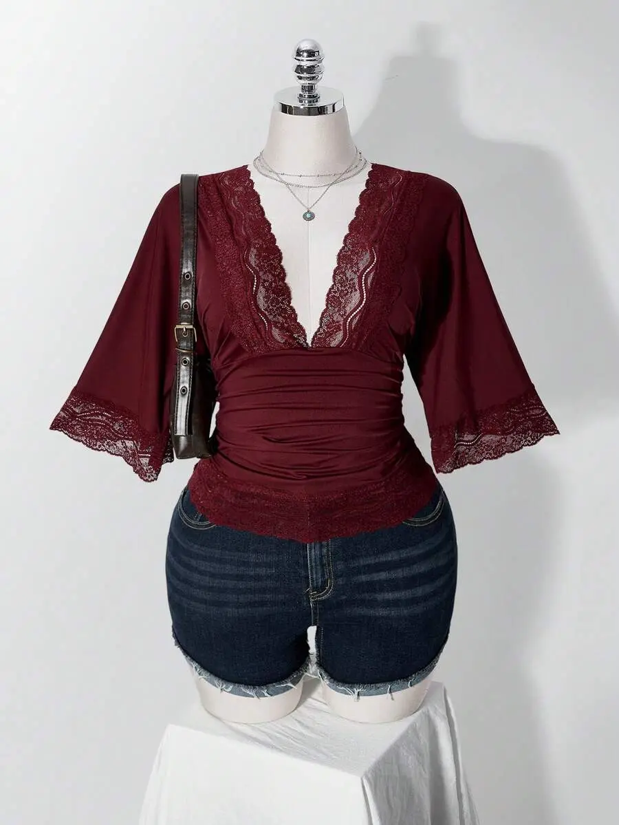 AQUA Plus Size Retro Sexy Millennial Style Y2K Simple Casual Elegant Commuter Urban Modern Lace P Date Night Burgundy Summer