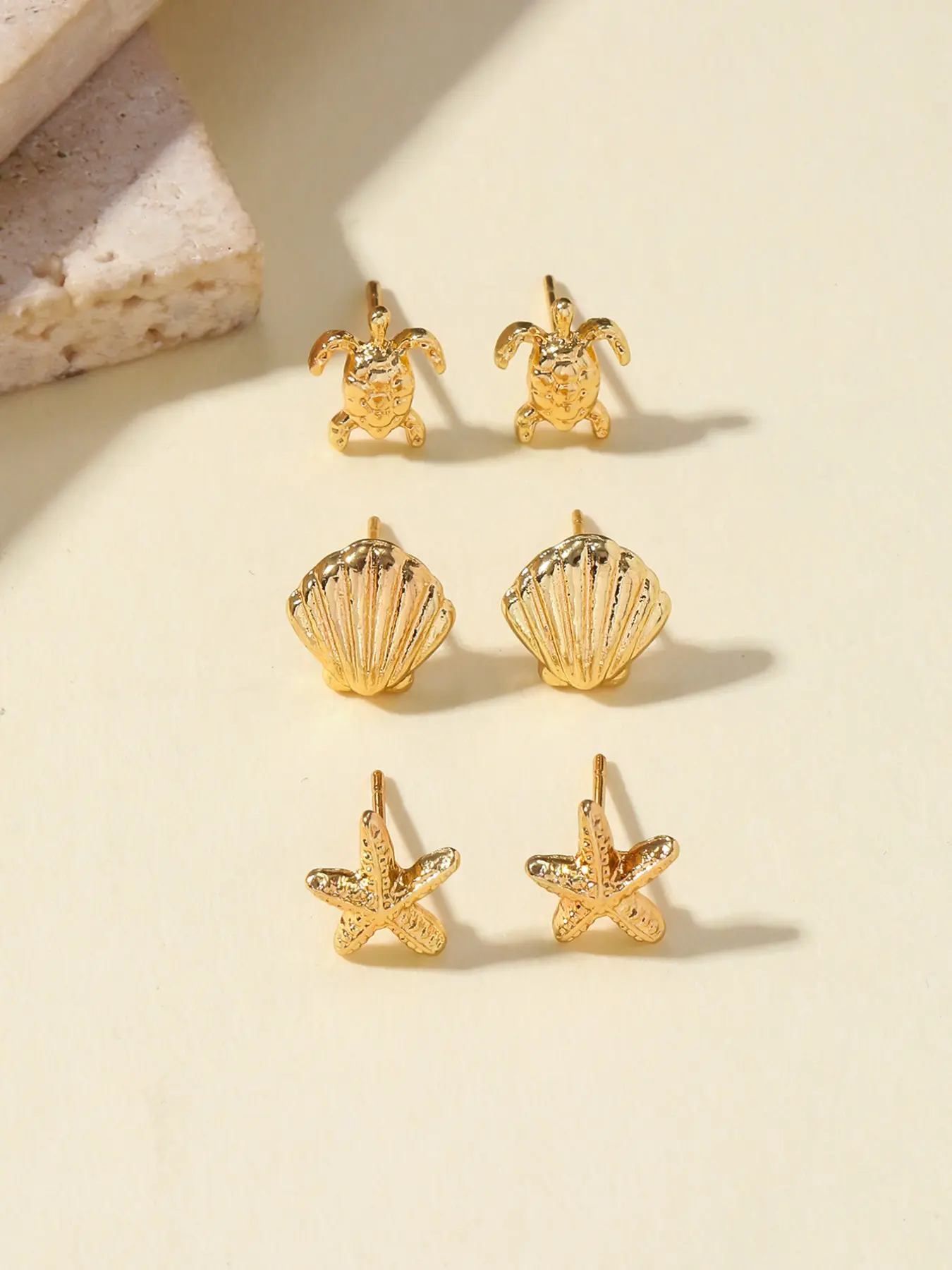 3 Pairs Oceanic Metal Starfish Shell Turtle Earrings Set, Beachy Earrings, Simple Women's Beach Vacation Jewelry, Summer Dainty Jewelry, Elegant Ear Studs for Summer Style