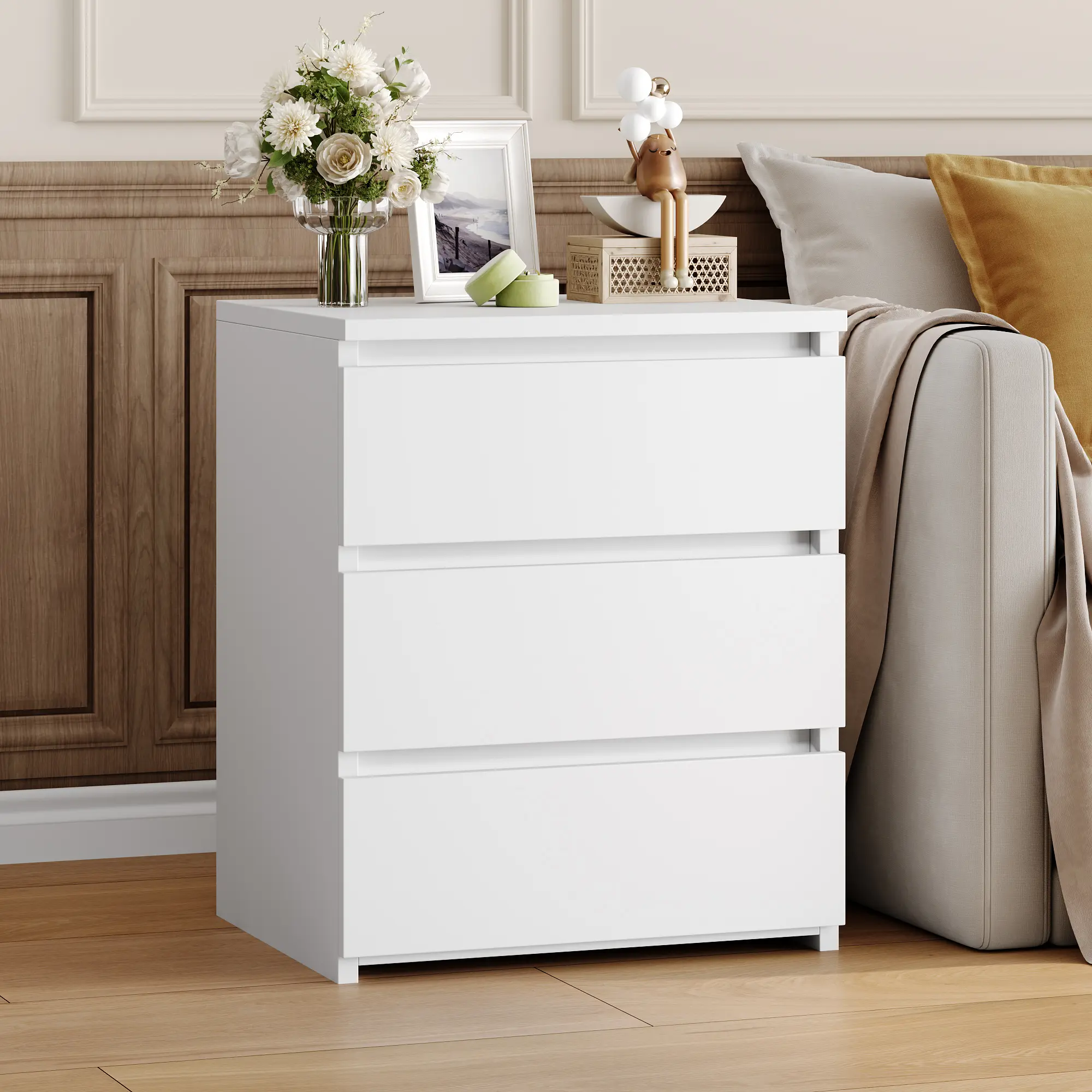 FOTOSOK White Nightstand with 3 Drawers, White Bedside Table Night Stand, Sofa Side Table 3 Drawer Nightstands for Bedroom, #Summervibes