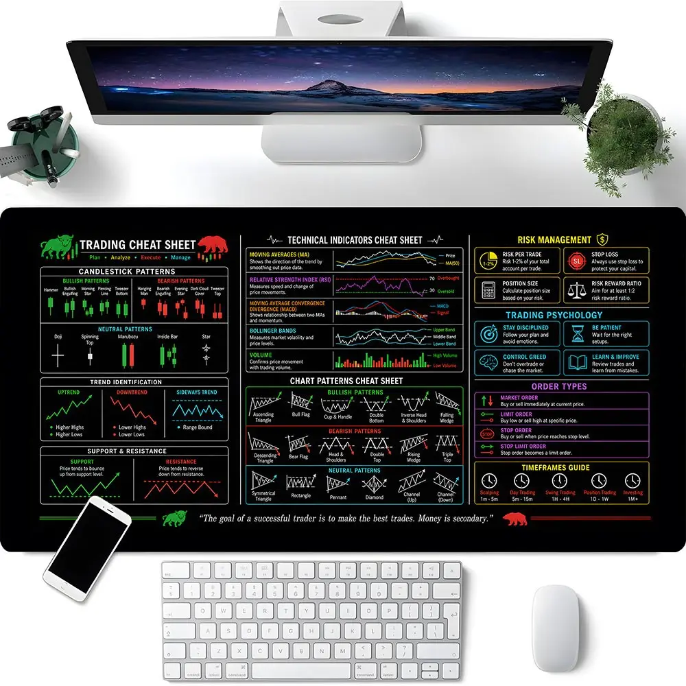 Trading Cheat Sheet Desk Mat, Large Non-Slip Extended Mousepad, Mouse Pads for Desk, Computer Mouse Pad with Stock Market Candlestick Patterns, Technical Indicators, Risk Management for Day Traders, Investors & Office Work