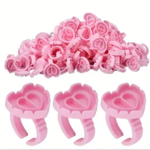 100PCS Disposable Glue Rings for Eyelash Extensions - Pink Plastic Lash Glue Holders, Heart-Shaped Pigment Rings, Essential Auxiliary Tool for Eyelash Grafting & Tattoo, Eyelash Tools
