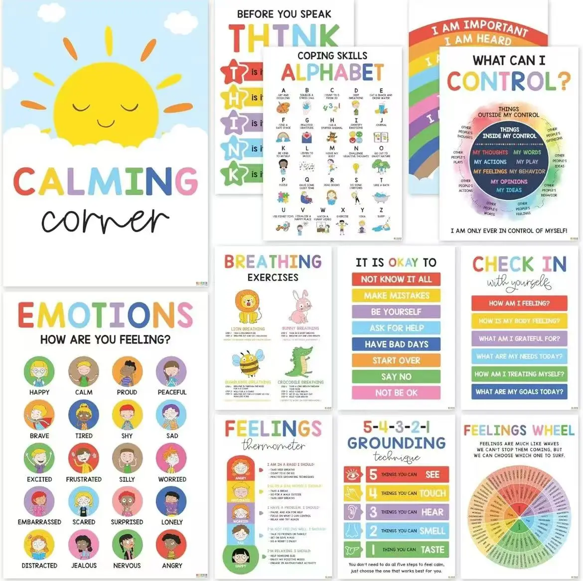 12 Pcs Emotional Intelligence Posters for Kids,MentalHealth Posters,Emotions Chart for Kids,ClassroomDecor,Durable Laminated Mental HealthPosters,Homeschool Emotional Regulation Posters,Back toSchool Mental Health Decor,Emotional IntelligencePosters