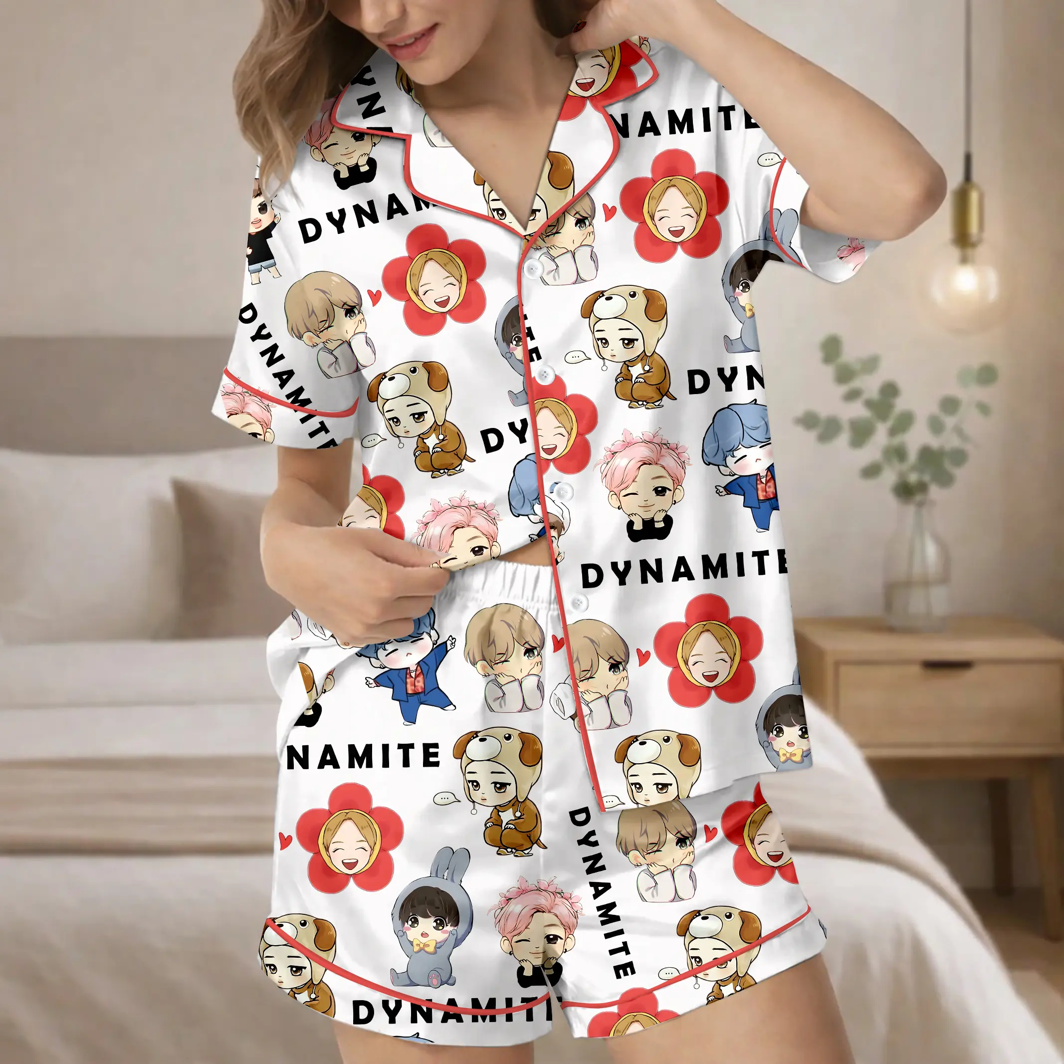 Bt-21 Cartoon Pajama Set, Satin Sleepwear, Kpop Pajama Set, Gift for Fans, Pajama Set for Kpop Fans,