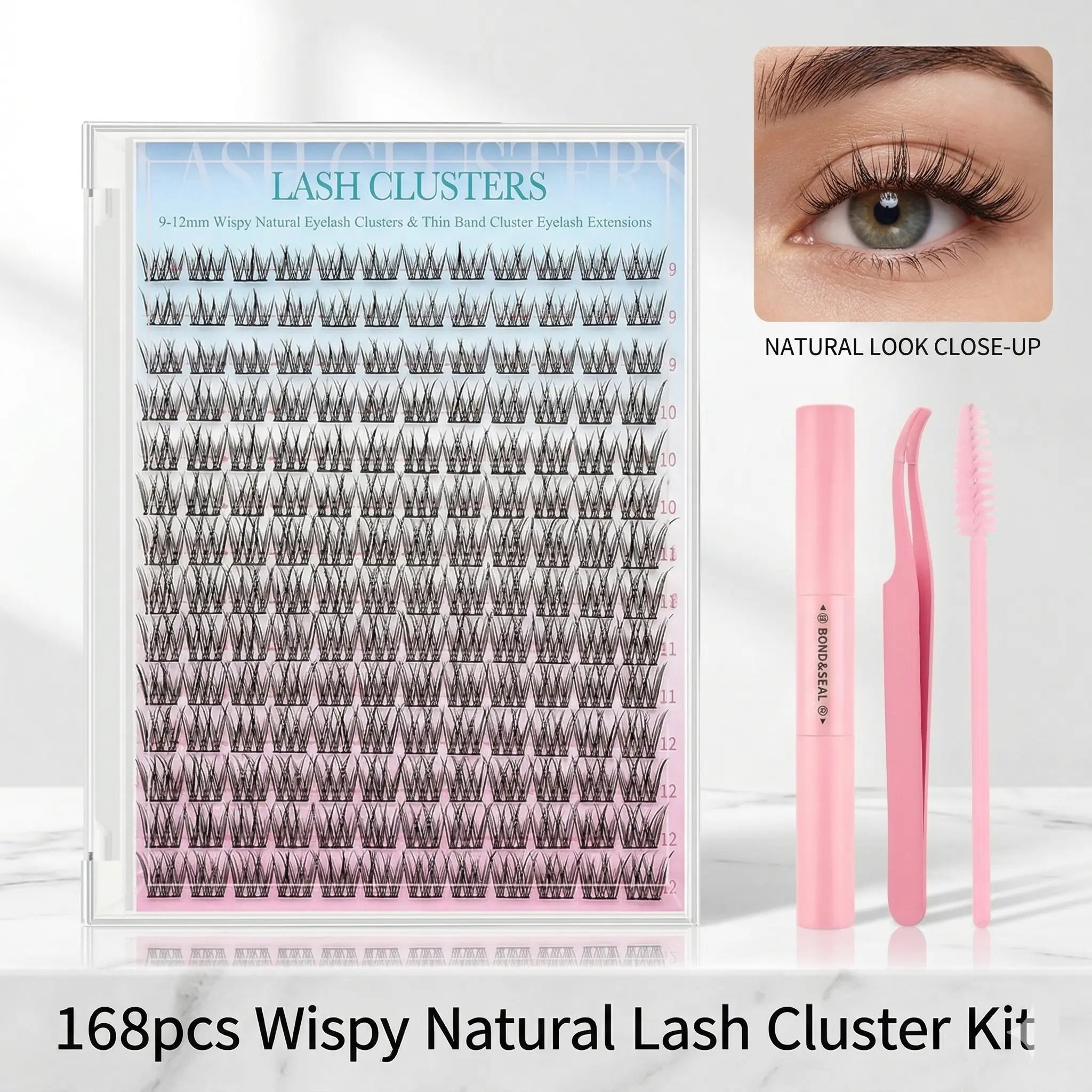 Cat Eye Lash Clusters - Soft Faux Mink Lash Cluster Kit - 168 Eyelash Clusters Mixed Lengths 9-12mm - Includes 2-in-1 Bond & Brush for Easy DIY Application