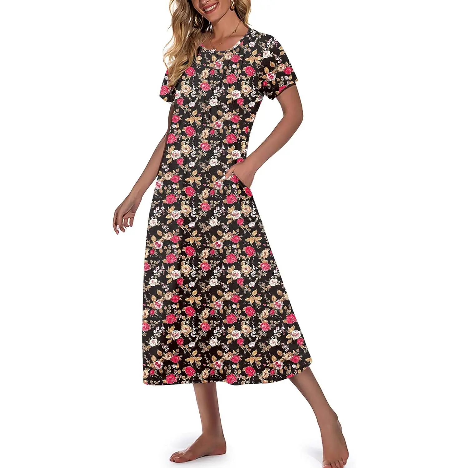 MARVMYS Women's Nightgown, Soft Cotton Floral Sleep Dress with Pockets, Short Sleeve Full-Length Pullover Loungewear S-3XL, Necklace, Accessories, Comfortable, Breathable, Casual, Round Neck, Fashion Apparel, Fabric, Simple, Pleated, Nightwear, Valentine'
