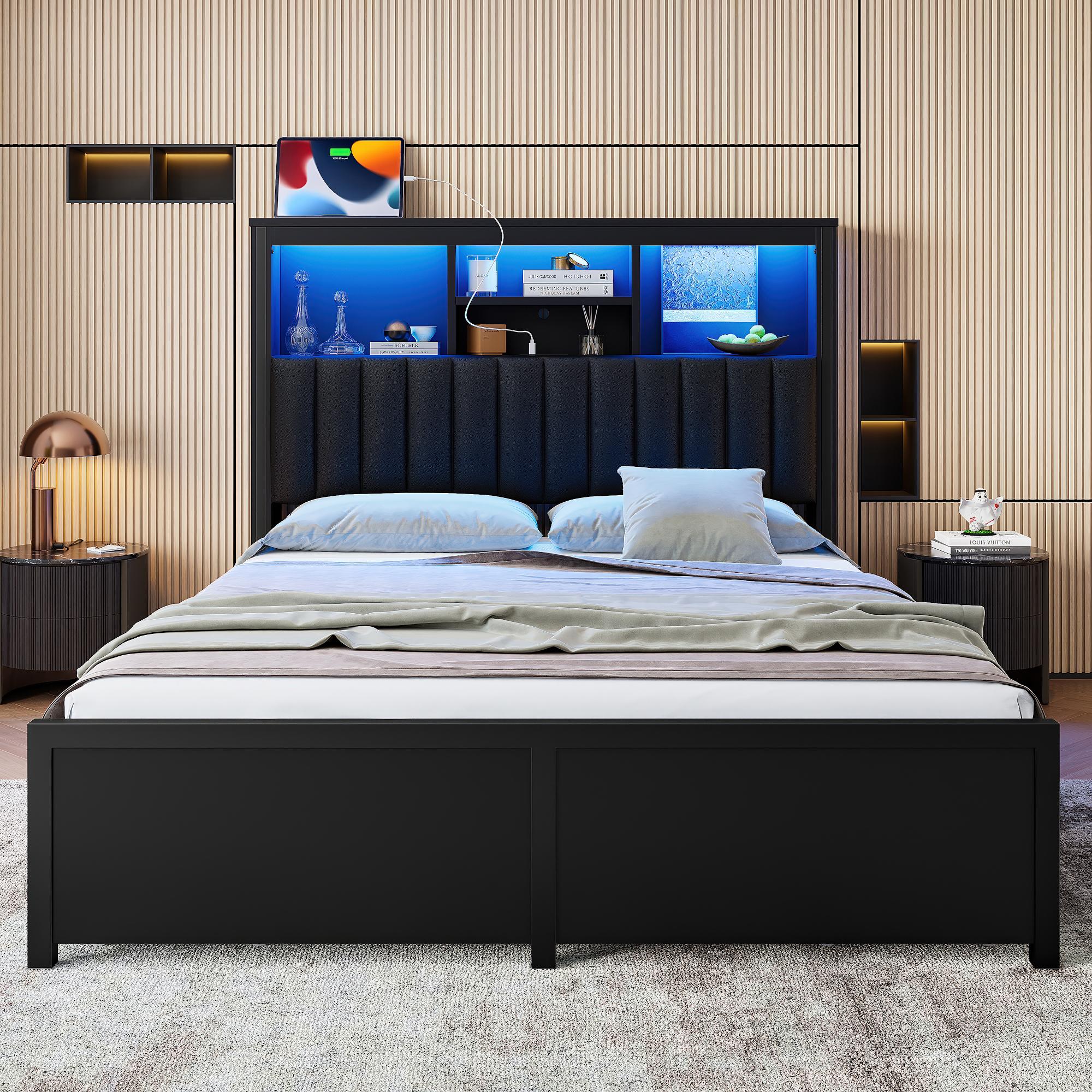 King Size Platform Bed Frame with Tall Storage Headboard and 4 Storage Drawers,Metal Platform Bed with LED Light and Charging Station for Small Space Bedroom Living Room No Box Spring, Black King Size Platform Bed Frame with Tall Storage Headboard and 4 Storage Drawers,Metal Platform Bed with LED Light and Charging Station for Small Space Bedroom Living Room No Box Spring, Black