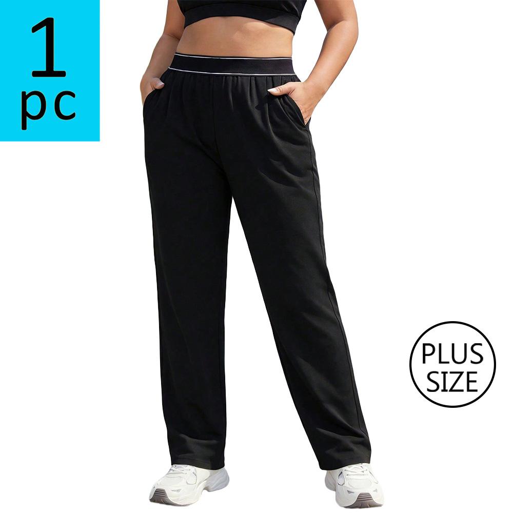 Plus-size women’s athletic casual pants with an elastic waistband and straight legs; solid color, versatile running/fitness/jogging pants; plus-size black straight-leg pants; medium stretch woven fabric; suitable for everyday wear and as a holiday gift.