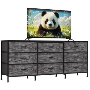 Modern 63" TV Stand with 9 Fabric Drawers - Wide Wooden Top, Metal Frame Dresser Storage Cabinet for Bedroom, Living Room, Tv Shelf, Tv Cabinet Table