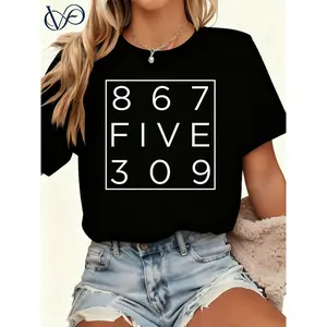 Women's Cotton Vintage Chic Style Tee - Charcoal Grey, 867 5 309 Number Box Graphic Print, Round Neck, Short-Sleeve, Relaxed Fit, Casual Comfortable Twist Tshirt, Versatile Everyday Summer Outfit for Jeans