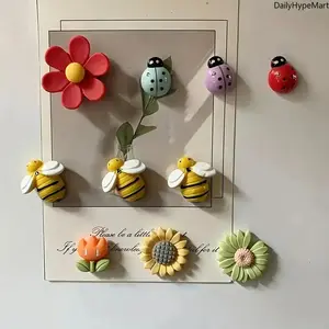 10PC PVC Metallic Whimsical Geometric Flower-Ladybug Magnetic Fridge Magnets, Decorative Fashion Accessory Set for Kitchen Decor
