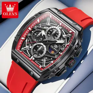 OLEVS Original Brand Watch for Men Waterproof Fashion Men's Multifunctional Chronograph Quartz Watch with Silicone Strap Tonneau Design Big Face 2975