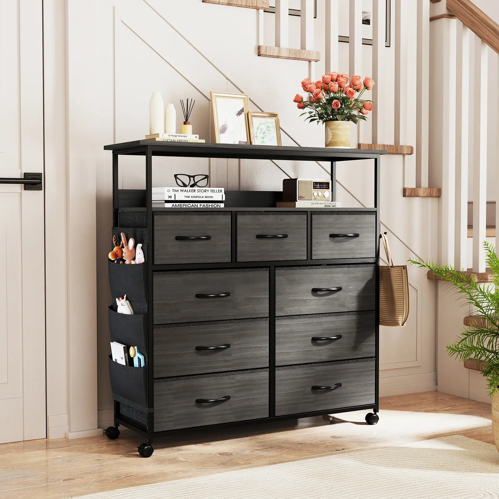 【Summer Sale】UDPATIO 9 Drawer for Bedroom Drawer Dresser with Side storage pockets, Storage Drawers, Wooden Top Fabric Storage Tower for Bedroom, Living Room, Girls Bedroom Furniture,Dresser for Storage,Storage Bin Cabinet Spring Greenish