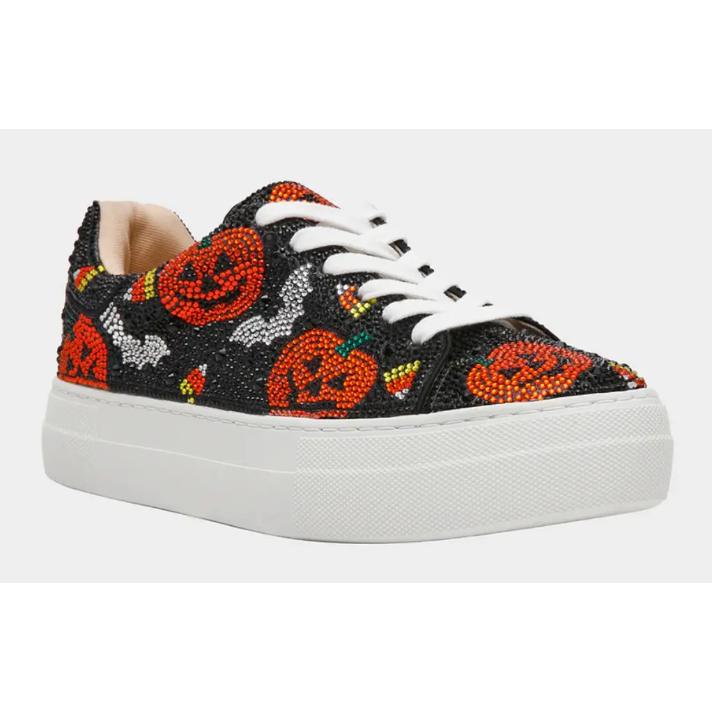 Women's Halloween Low Top Trainer, Sparkly All-Over Rhinestone Platform Shoe for Casual Everyday Wear, Laces, Rhinestones, Closed, Sports Shoes, Rubber