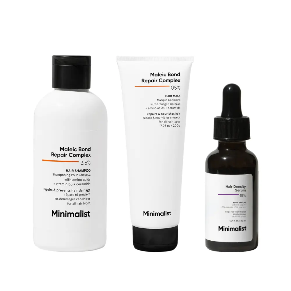 MINIMALIST Hair Density & Repair Trio with 3.5% Maleic Acid - Sulfate-Free Bond-Strengthening Shampoo, Ceramides-Infused Amino Acid Mask & Serum, Fragrance-Free Frizz Control Haircare for All Types, Damaged Hair, Anti Frizz Shampoo, Alcohol Free