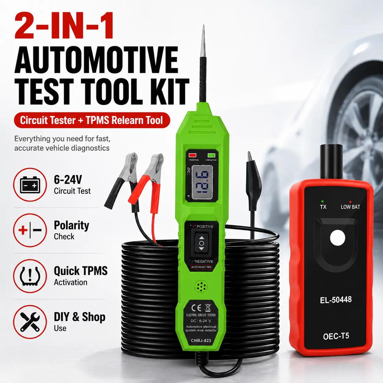 2PCS Automotive Circuit Tester Kit with EL-50448 TPMS Relearn Tool, 6-24V Power Probe Tester with LCD Display, Voltage & Polarity Test, Tire Pressure Sensor Activation Tool for Car Electrical Diagnostics