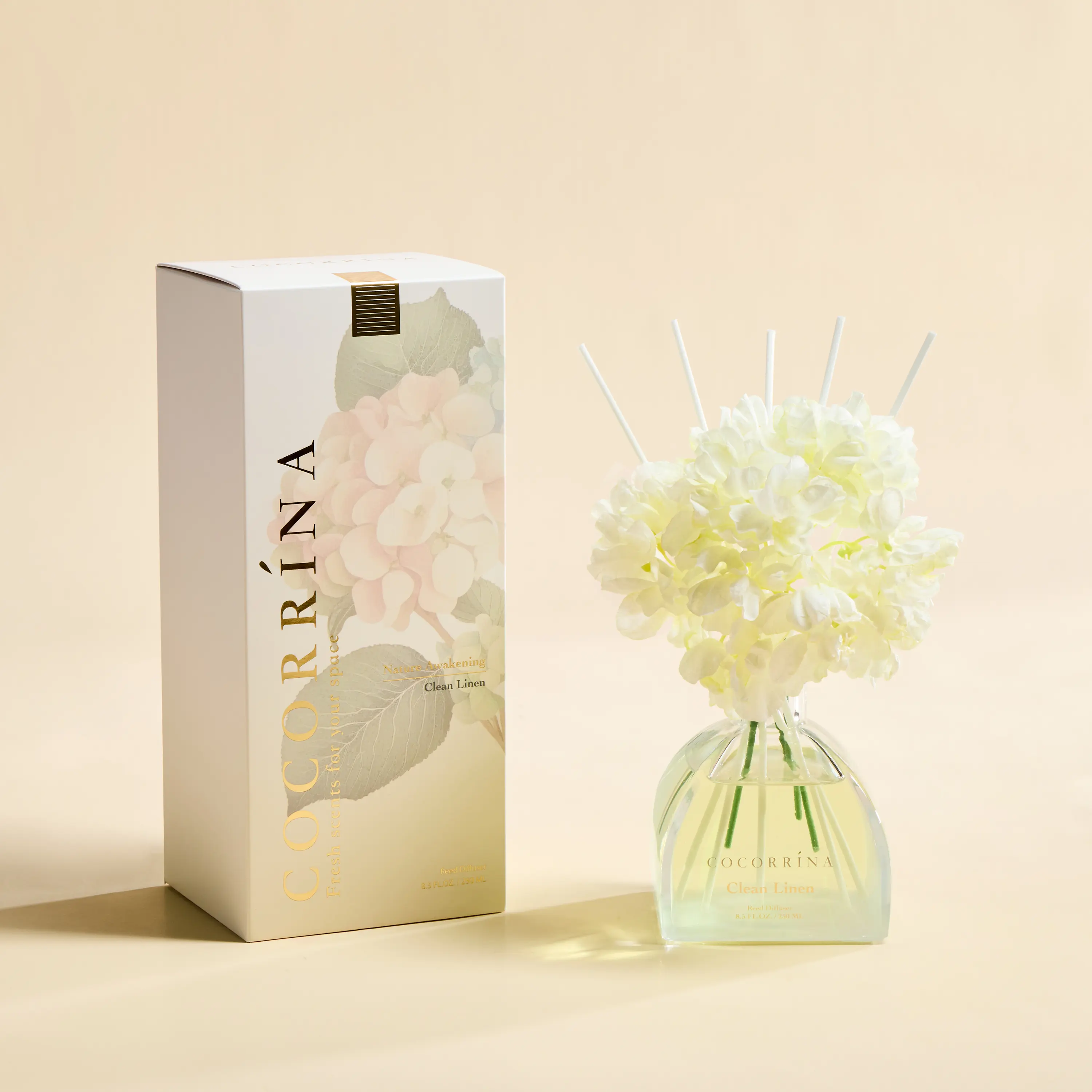 COCORRÍNA Reed Diffuser - 8.5 Oz Clean Linen Reed Diffuser with 8 Sticks for Home Bathroom Shelf Decor (Simple Luxe Collection)