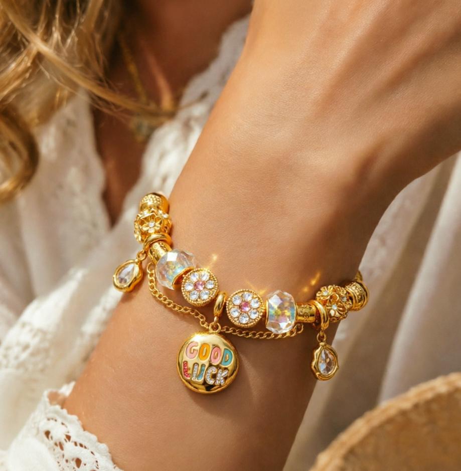 Gold Bead Charm Bracelet with GOOD LUCK Pendant, Adjustable Snake Chain Bracelet with Crystal Beads Dangle Charms, Fashion Jewelry Gift for Women Girls Gold Bead Charm Bracelet with GOOD LUCK Pendant, Adjustable Snake Chain Bracelet with Crystal Beads Dangle Charms, Fashion Jewelry Gift for Women Girls