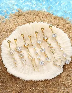 7 Pcs 1.6mm Dangle Belly Button Ring - Hypoallergenic Surgical Steel Belly Rings for Women Navel Button Piercing CZ Flower Heart Curved Navel Piercing Jewelry (Gold) - Home Improvement.