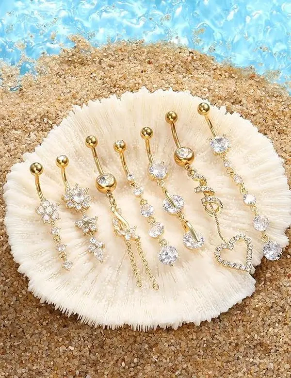 7 Pcs 1.6mm Dangle Belly Button Ring - Hypoallergenic Surgical Steel Belly Rings for Women Navel Button Piercing CZ Flower Heart Curved Navel Piercing Jewelry (Gold) - Home Improvement., Belly Piercing