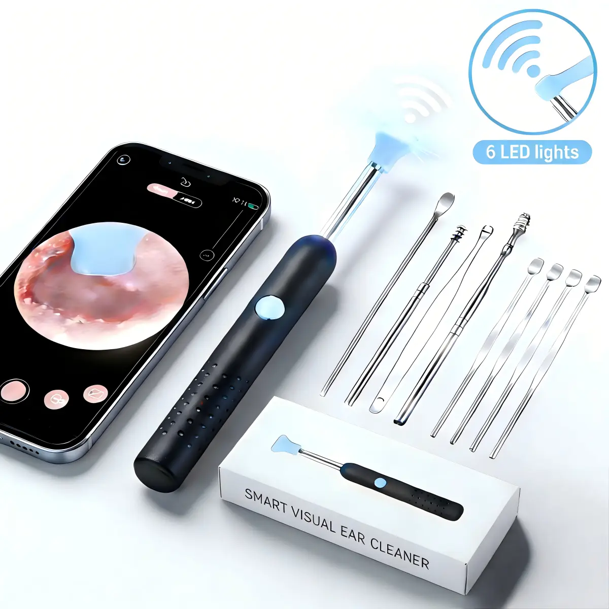 Ear wax Remover Phone-Connected HD Camera Tool with 6 LED Lights Washable Silicone Heads Stainless Steel Accessories for iOS Android Family Safe Earwax Removal Kit Ear Cleaning Kit Ear Irrigation Kit