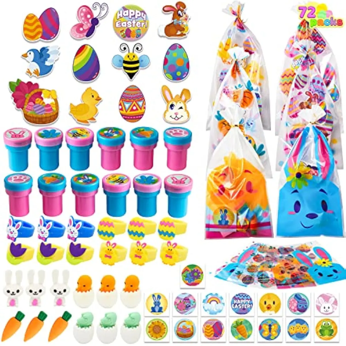 72 Pcs Easter Party Favors Set, 12 Packs Assorted Goody Bags with Rings/Sticker, Foam Stickers, Stampers for Kids Gift, Easter Egg Hunt, Basket Stuffers