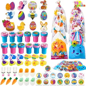72 Pcs Easter Party Favors Set, 12 Packs Assorted Goody Bags with Rings/Sticker, Foam Stickers, Stampers for Kids Gift, Easter Egg Hunt, Basket Stuffers