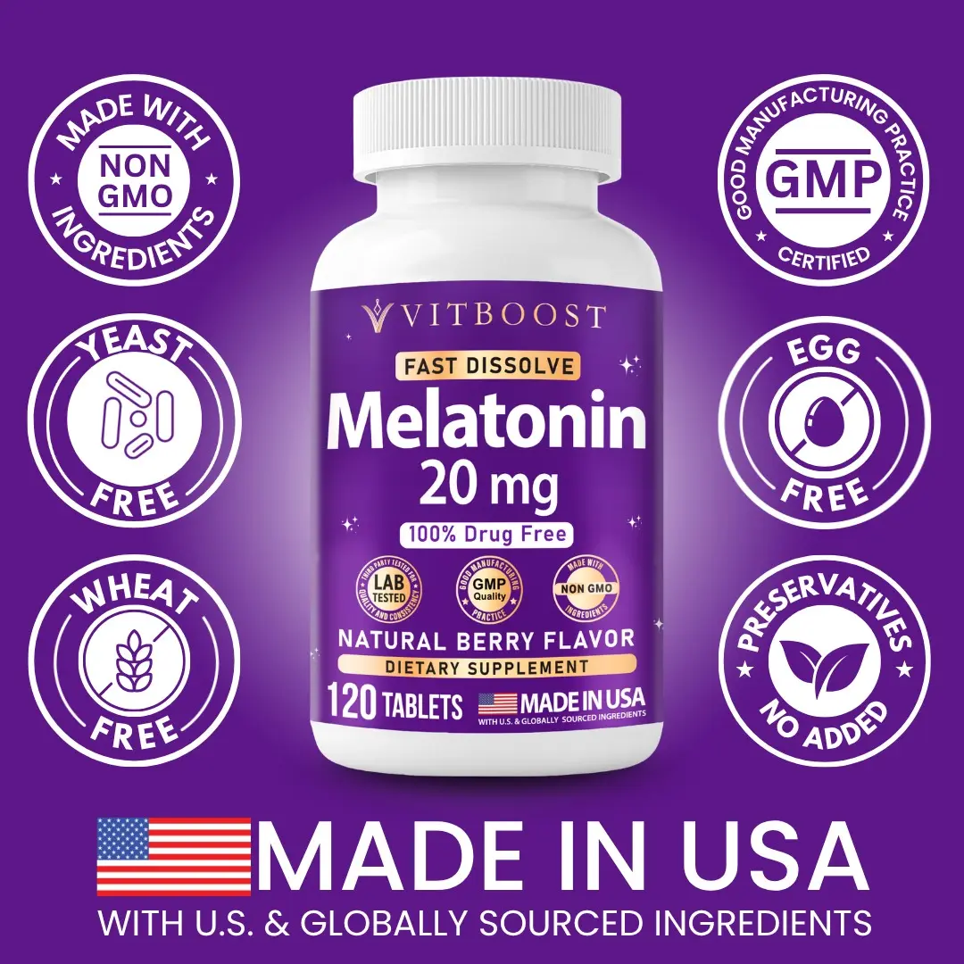VITBOOST Melatonin 20mg Fast Dissolve Sleep Aid Tablets for Adults - Melatonin Extra Strength, Natural Berry Flavor, 3rd Party Tested, Drug-Free, Non-GMO, Made in USA - 120 Count (4-Month Supply)