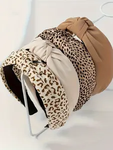 4 Pack Leopard Print Knotted Headband Set for Women | Bohemian Cheetah & Solid Color Wide Hairbands, Non-Slip High Volume Fashion Hair Accessories