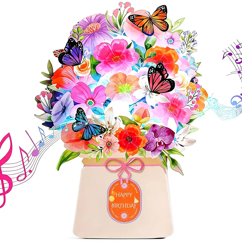 Birthday Cards, Light and Music Happy Birthday Card, Lily and Butterflies, 10.6 Inch Life Sized Forever Flower Bouquet 3D Pop Up Birthday Gift Card for Women Wife Mom Daughter Sister