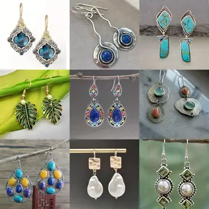 Ethnic Bohemian Stone Drop Earrings, Turquoise & Lapis Lazuli Silver Plated Dangle Earrings, Retro Handcrafted Statement Jewelry, lightweight comfortable fit, great for beach vacations, casual boho looks, festival outfits and gift-giving