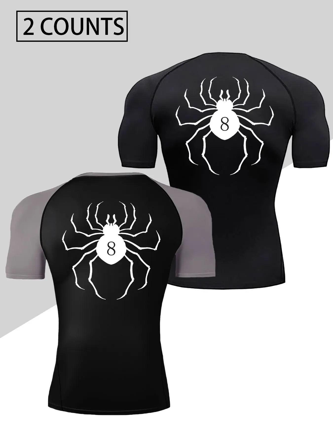 Men's 2-Piece Quick-Drying Breathable Athletic T-Shirt Set, Lightweight Compression Sportswear, Athletic Apparel, Athletic Clothes, Moisture-wicking and compression top, featuring a number 8 spider design, available in four colors