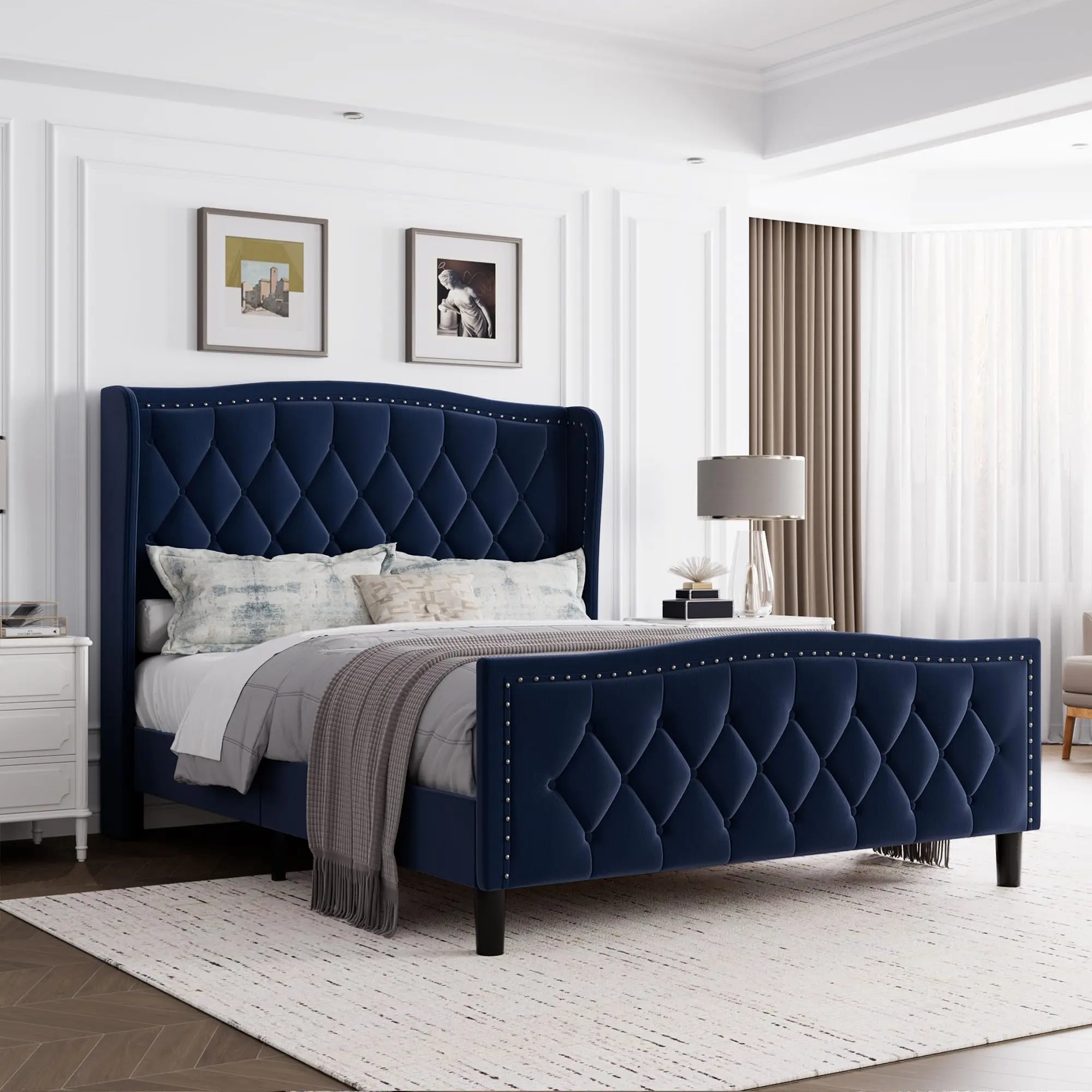 Garvee Full Size Bed Frame with Wingback Headboard, 4-Drawer Velvet Upholstered Platform Bed frame with Charging Station, Button Tufted Storage Bed, No Box Spring Needed, Blue