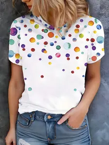 Women's Colorful Polka Dot Full Print Short Sleeve Fitted Round Neck T-Shirt, Eye-Catching Youthful Style, Breathable, Soft and Comfortable, Casual Everyday Daily Wear